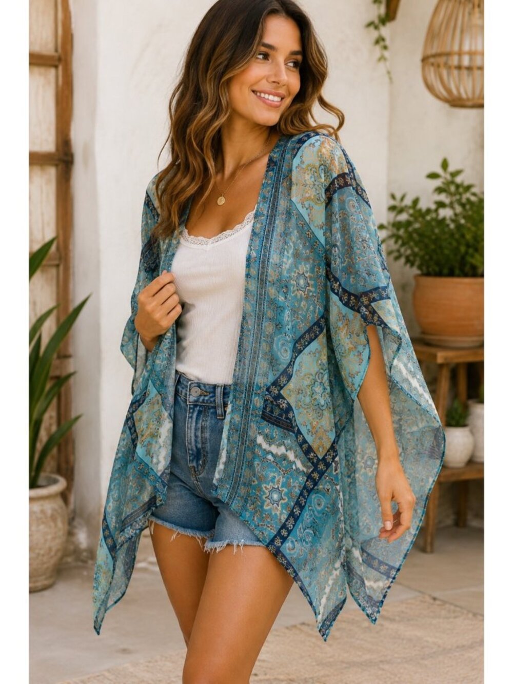 Umgee Womens S/M Blue Paisley Metallic Kimono Duster Boho Open Front Cardigan